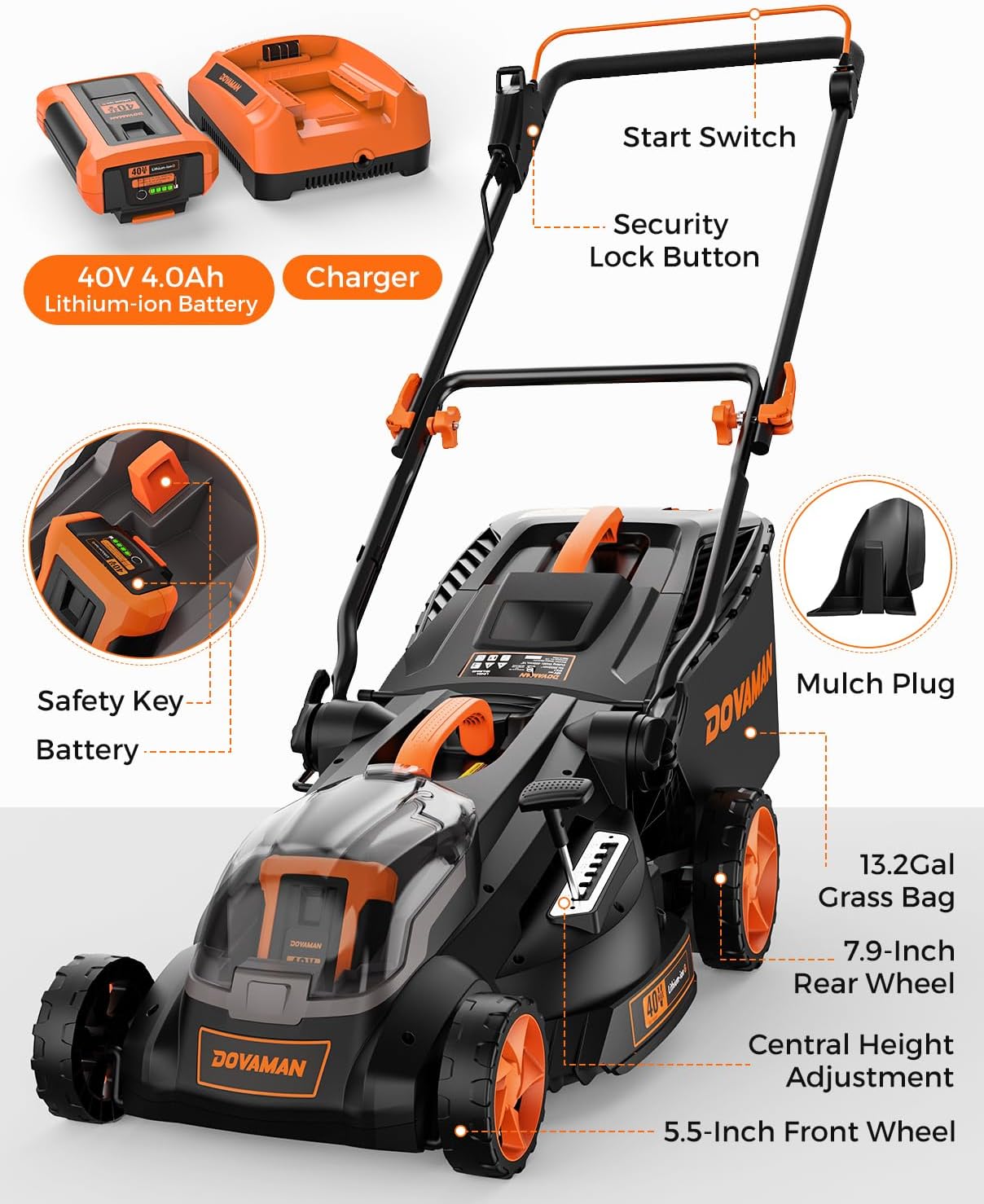 DOVAMAN LD40A 19Inch Brushless Lawn Mower, 40V Powerful Cordless Lawn Mower, Effortless Single-Lever Height Adjustment