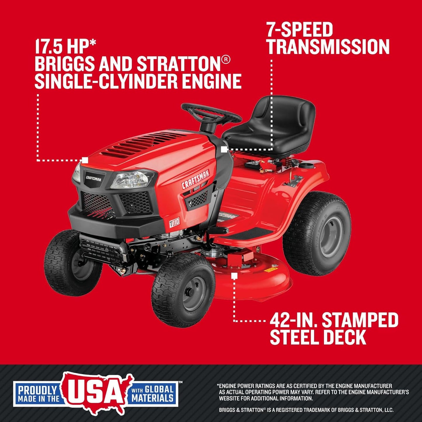 CRAFTSMAN 42" Gas Riding Lawn Mower, 17.5 HP Briggs & Stratton Engine, 7-Speed Lawn Tractor